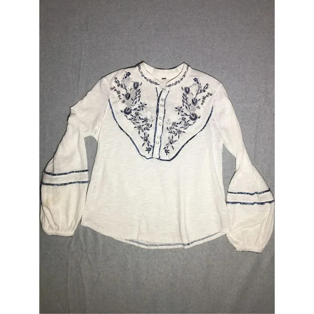 Womens Free People Blouse Size Large Boho Bohemian Beachy Pearl Snap Buttons